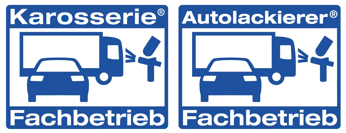 Logos der Karosserie- und Autolackierer-Fachbetriebe mit Symbolen eines Fahrzeugs und einer Sprühpistole.